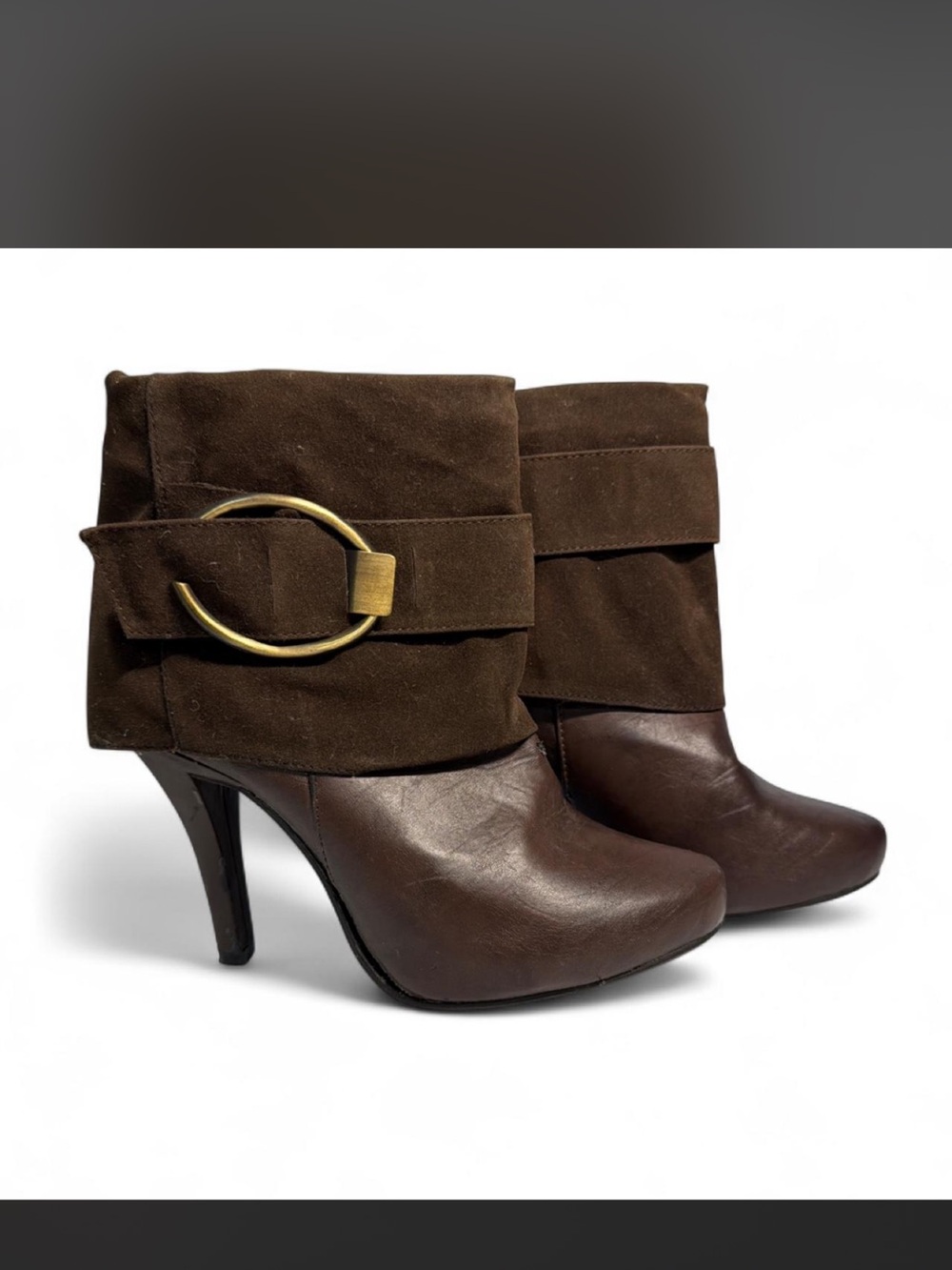Charming Charlie Brown Suede & Leather High-Heel Ankle Boots with Gold Buckle